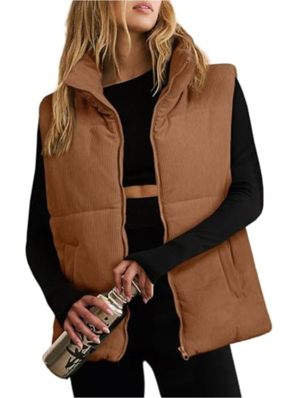 Women's Quilted Corduroy Puffer Vest Zip Up Stand Collar with Pockets